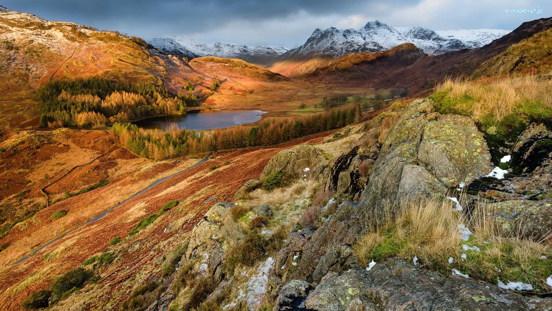 Skały, Drzewa, Jezioro, Dolina, Góry, Anglia, Park Narodowy Lake District, Blea Tarn, Chmury