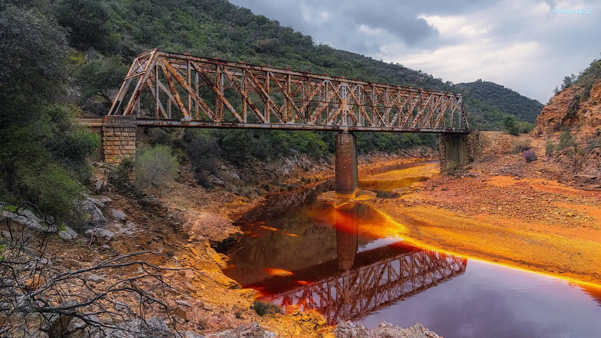 Rio Tinto, Puente Salomon, Hiszpania, Las, Rzeka, Skały, Drzewa, Most
