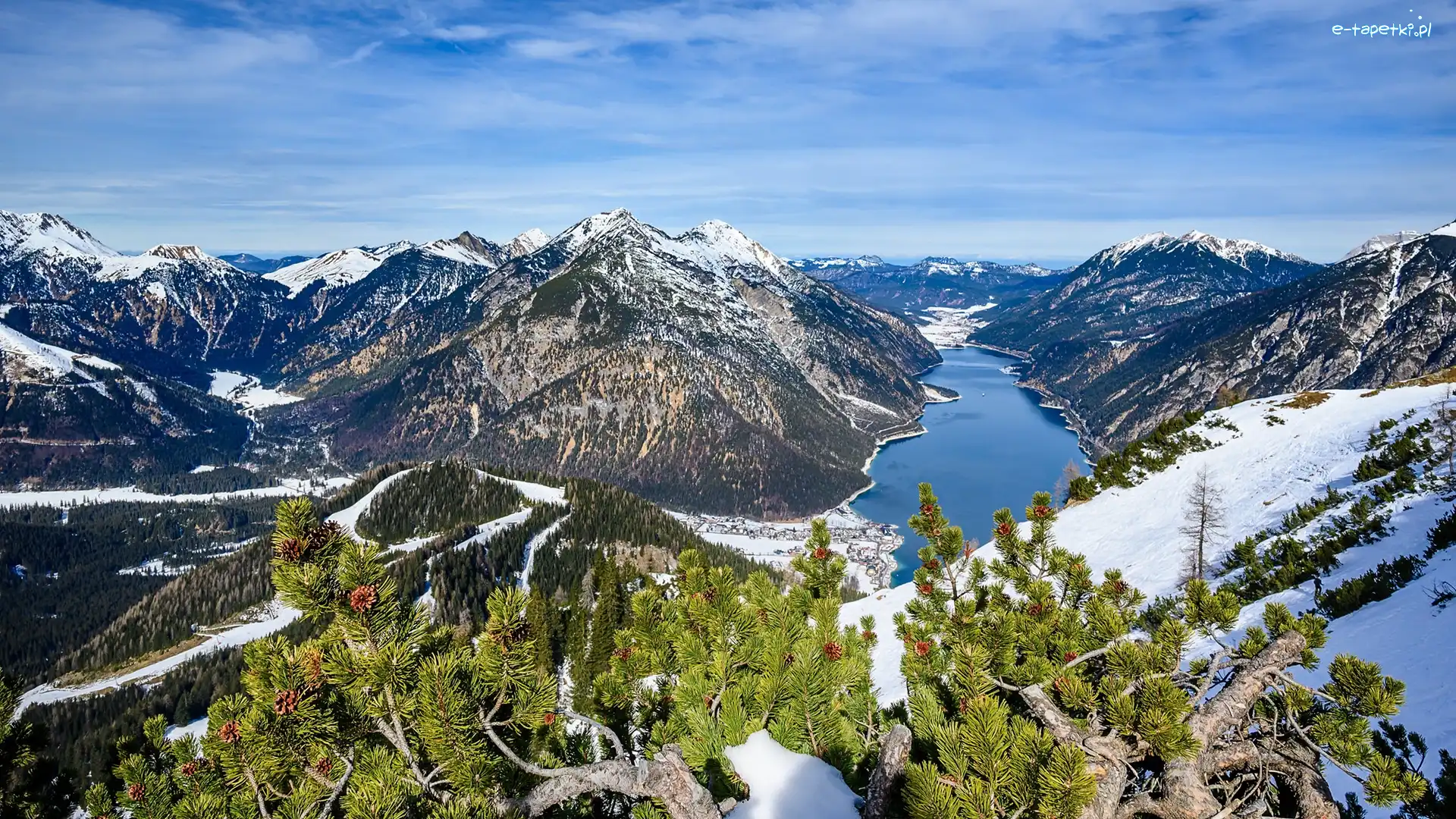 Drzewa, Krzewy, Jezioro, Góry, Zima, Austria, Achental, Achensee, Dolina