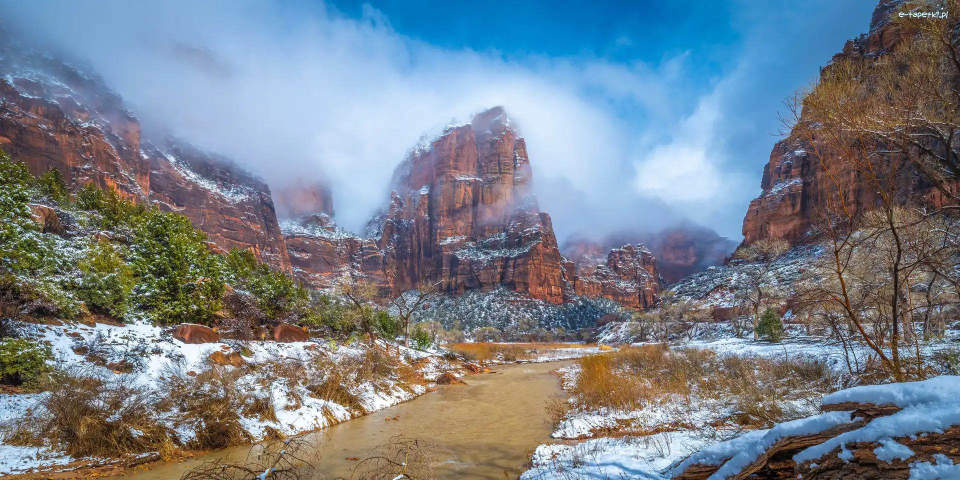 Rzeka, Utah, Mgła, Skały, Park Narodowy Zion, Virgin River, Góry, Stany Zjednoczone