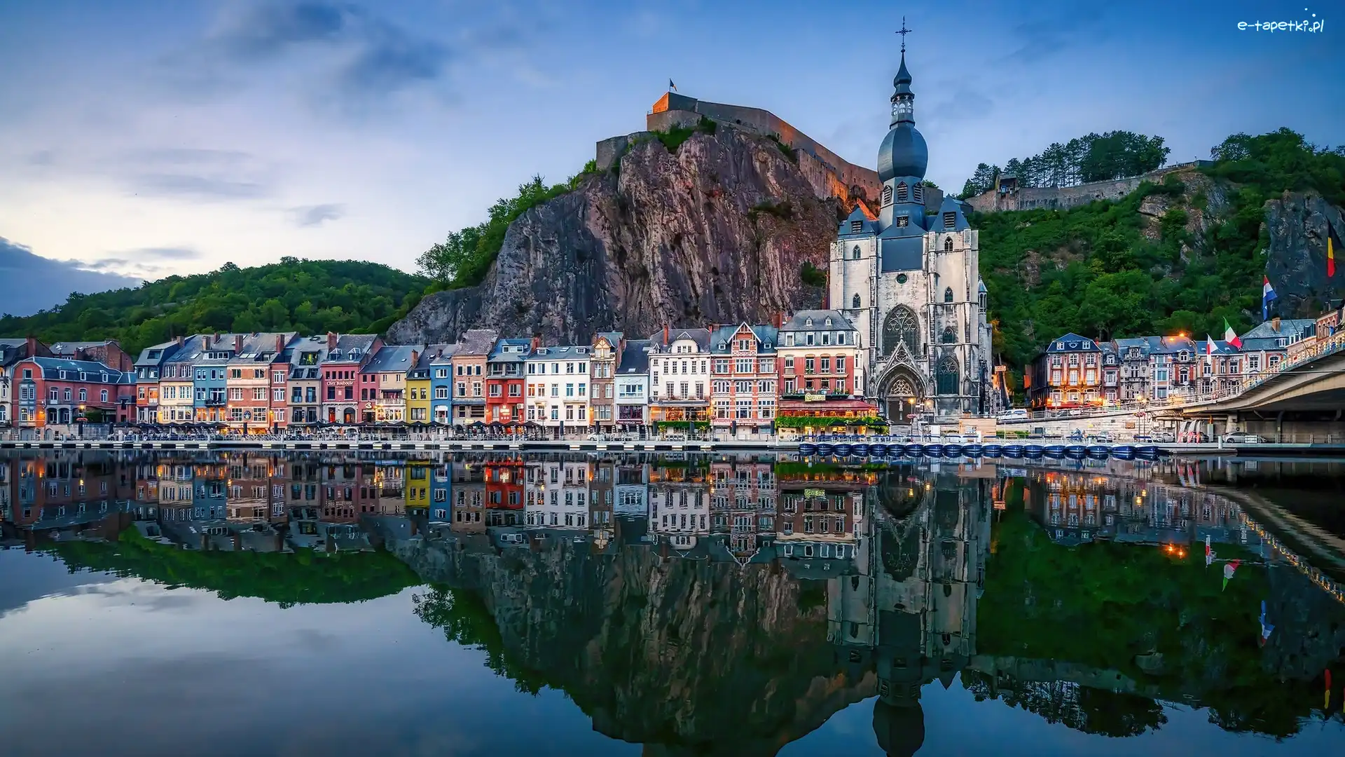 Skała, Most, Domy, Kolegiata Najświętszej Marii Panny, Kościół, Belgia, Dinant, Rzeka Moza, Cytadela