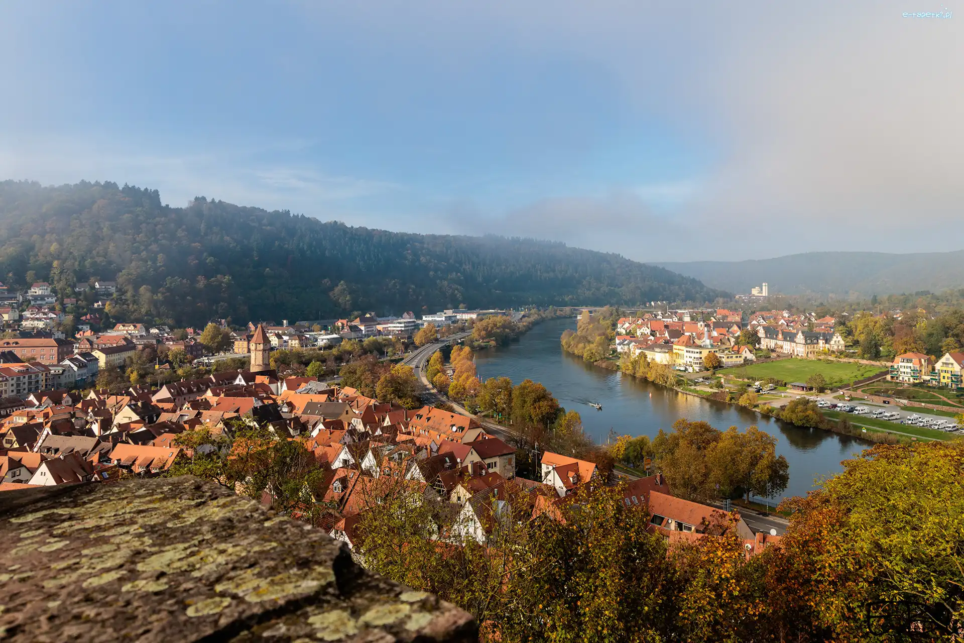 Niemcy, Góry, Las, Rzeka Men, Domy, Wertheim, Mgła