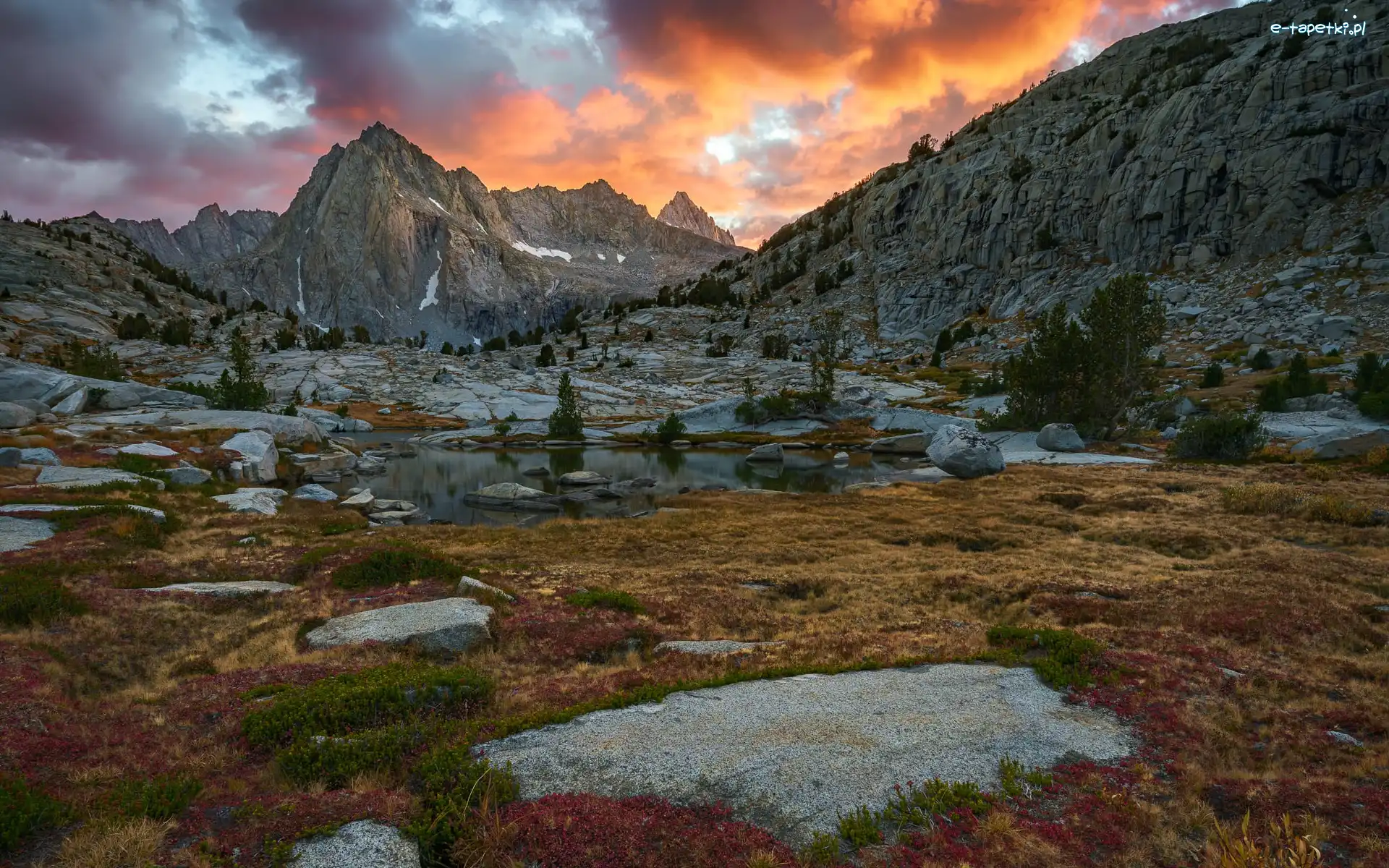 Drzewa, Sierra Nevada, Stany Zjednoczone, Kalifornia, Skały, Zachód słońca, Chmury, Góry