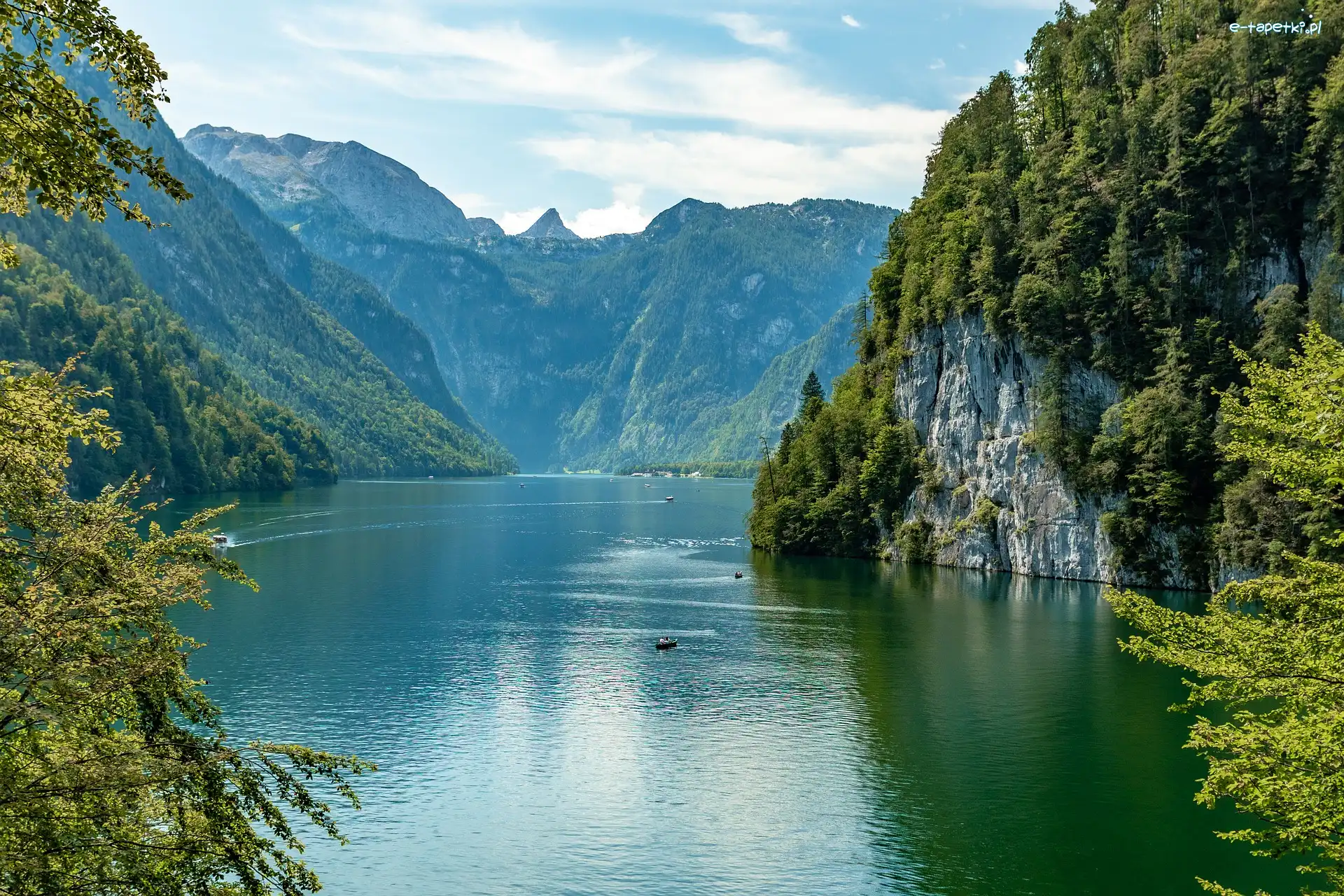Góry, Jezioro, Niemcy, Bawaria, Konigssee, Skały, Las, Park Narodowy Berchtesgaden