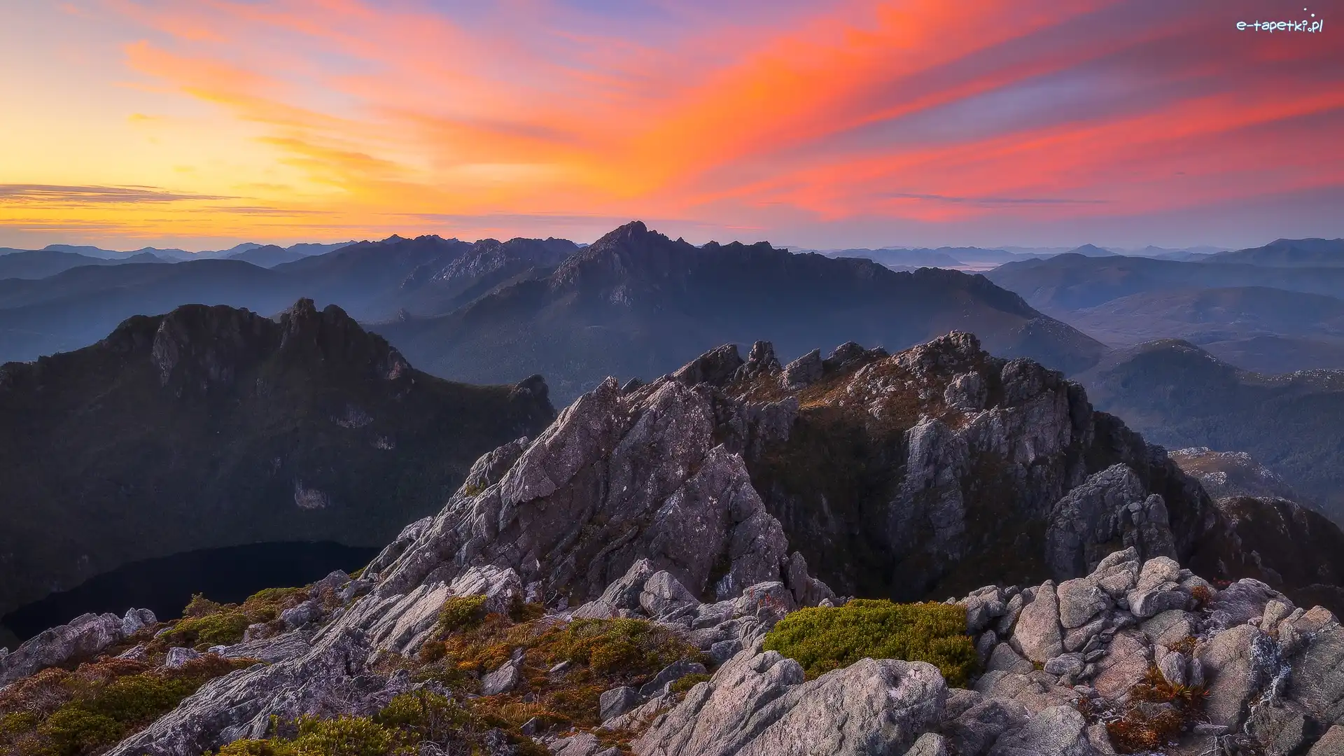 Tasmania, Arthur Range, Skały, Australia, Góry, Zachód słońca