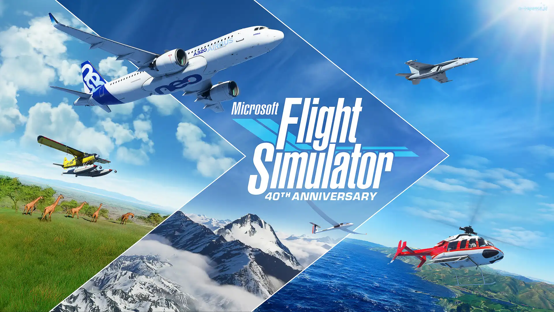 Morze, Gra, Niebo, Samoloty, Plakat, Helikopter, Góry, Słońce, Żyrafy, Microsoft Flight Simulator, Chmury
