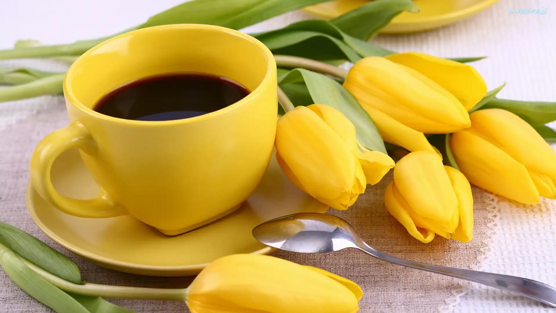 Łyżeczka, Żółta, Filiżanka, Tulipany, Żółte, Kawa, Spodek