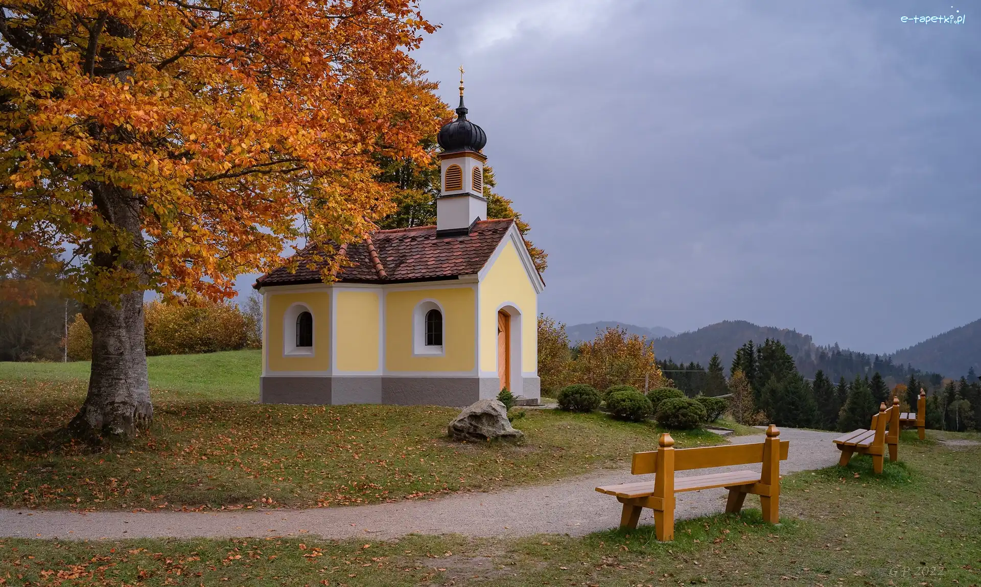 Ławki, Maria Rast, Niemcy, Bawaria, Drzewo, Góry, Krun, Kaplica