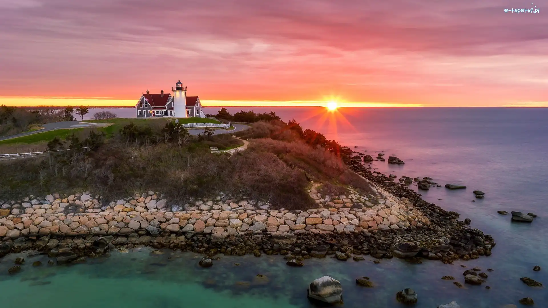 Cape Cod Bay, Stan Massachusetts, Promienie słońca, Nobska Point Light, Zatoka, Morze, Latarnia morska, Stany Zjednoczone