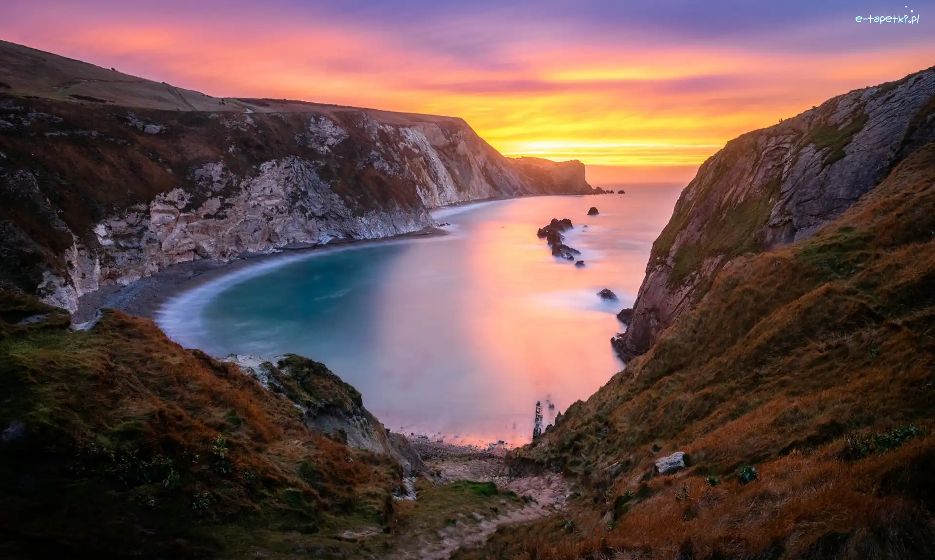 Zachód słońca, Morze, Zatoka Man OWar, Hrabstwo Dorset, Anglia, Skały, Góry
