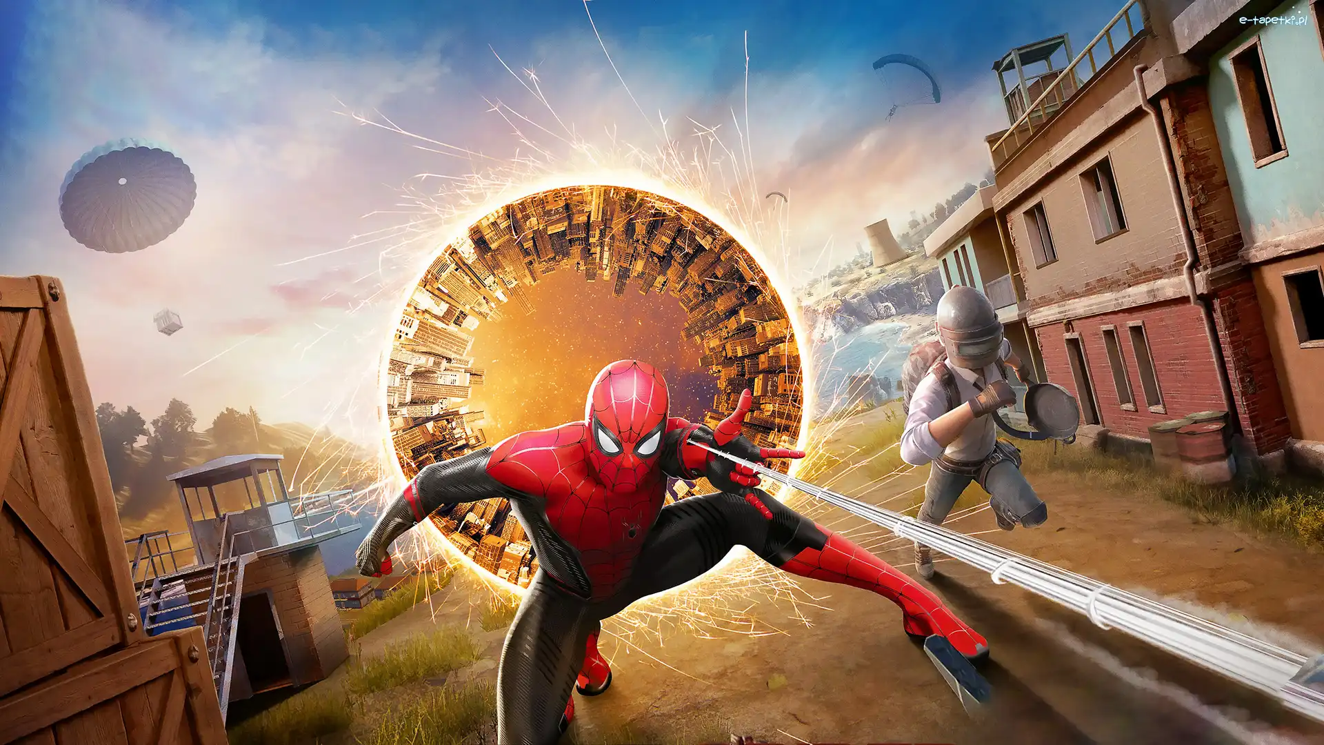 Ulica, Spider-Man, Spider-Man No Way Home, PUBG Mobile Lite, Gra, Zrzut, Spadochrony, Postać, Domy