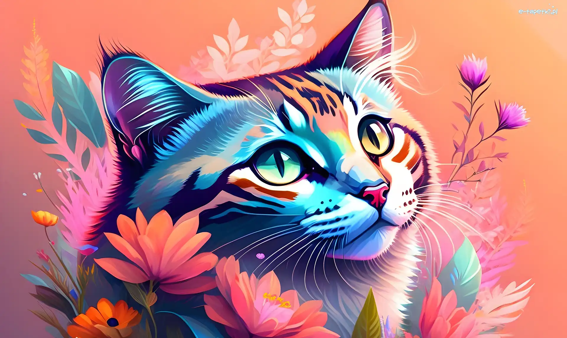 Kwiaty, Oczy, Kolorowe, Grafika 2D, Głowa, Kot
