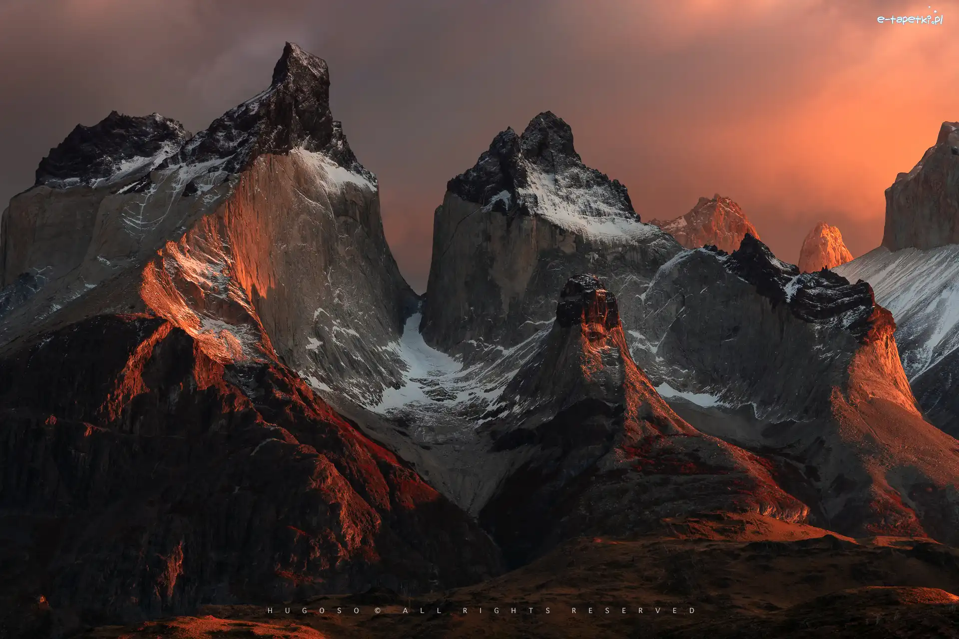 Wschód słońca, Masyw, Góry, Patagonia, Chile, Park Narodowy Torres del Paine, Torres del Paine