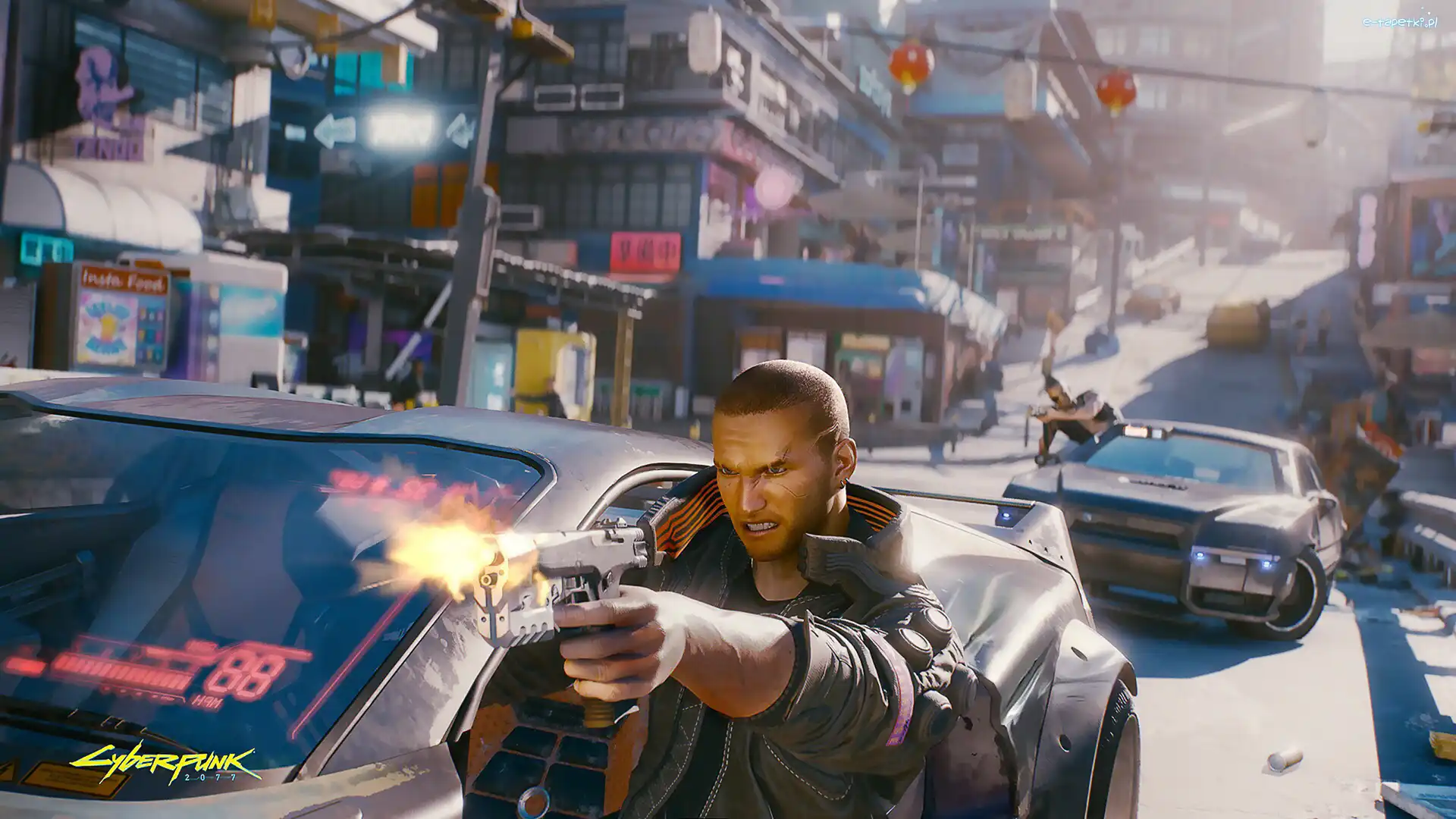 Plakat, Mężczyzna, Walka, Cyberpunk 2077, Gra, Ulica, Samochody
