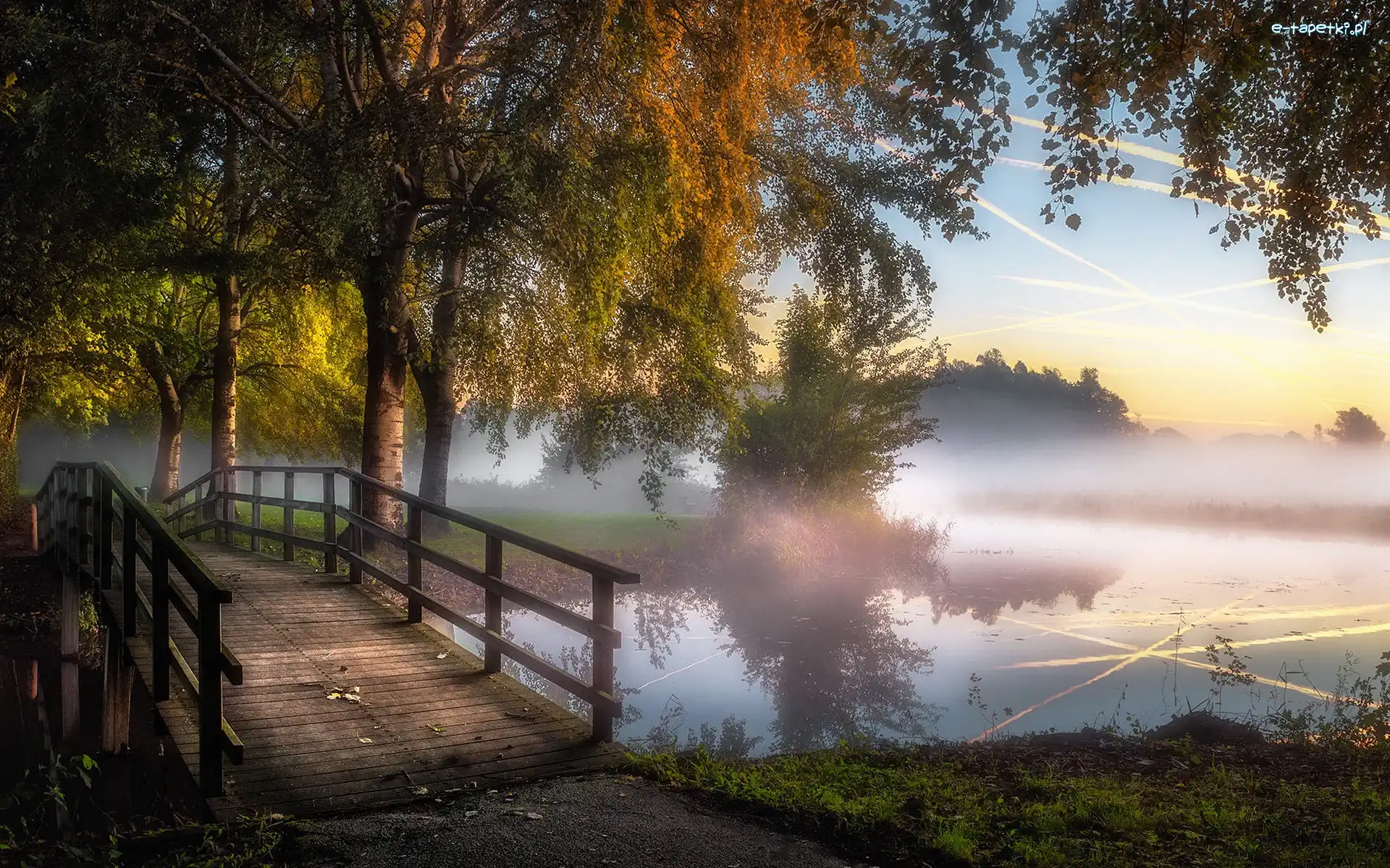 Niebo, Mgła, Mostek, Staw, Park, Jesień, Poranek, Drzewa, Odbicie
