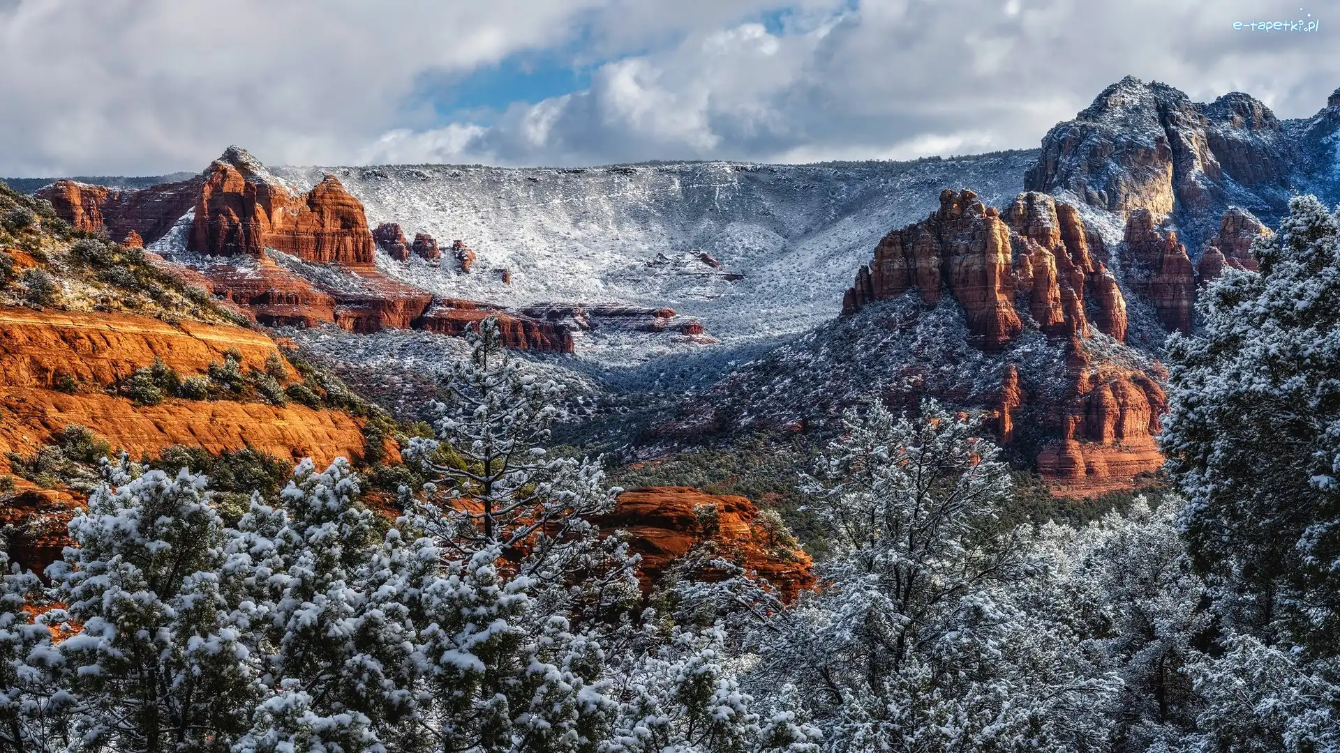 Stany Zjednoczone, Śnieg, Drzewa, Skały, Góry, Arizona, Sedona