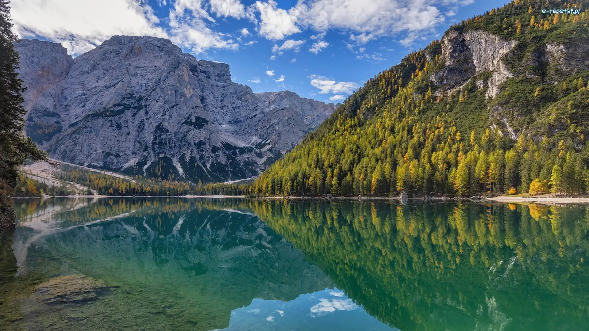 Lago di Braies, Jezioro, Odbicie, Drzewa, Pragser Wildsee, Góry, Dolomity, Włochy