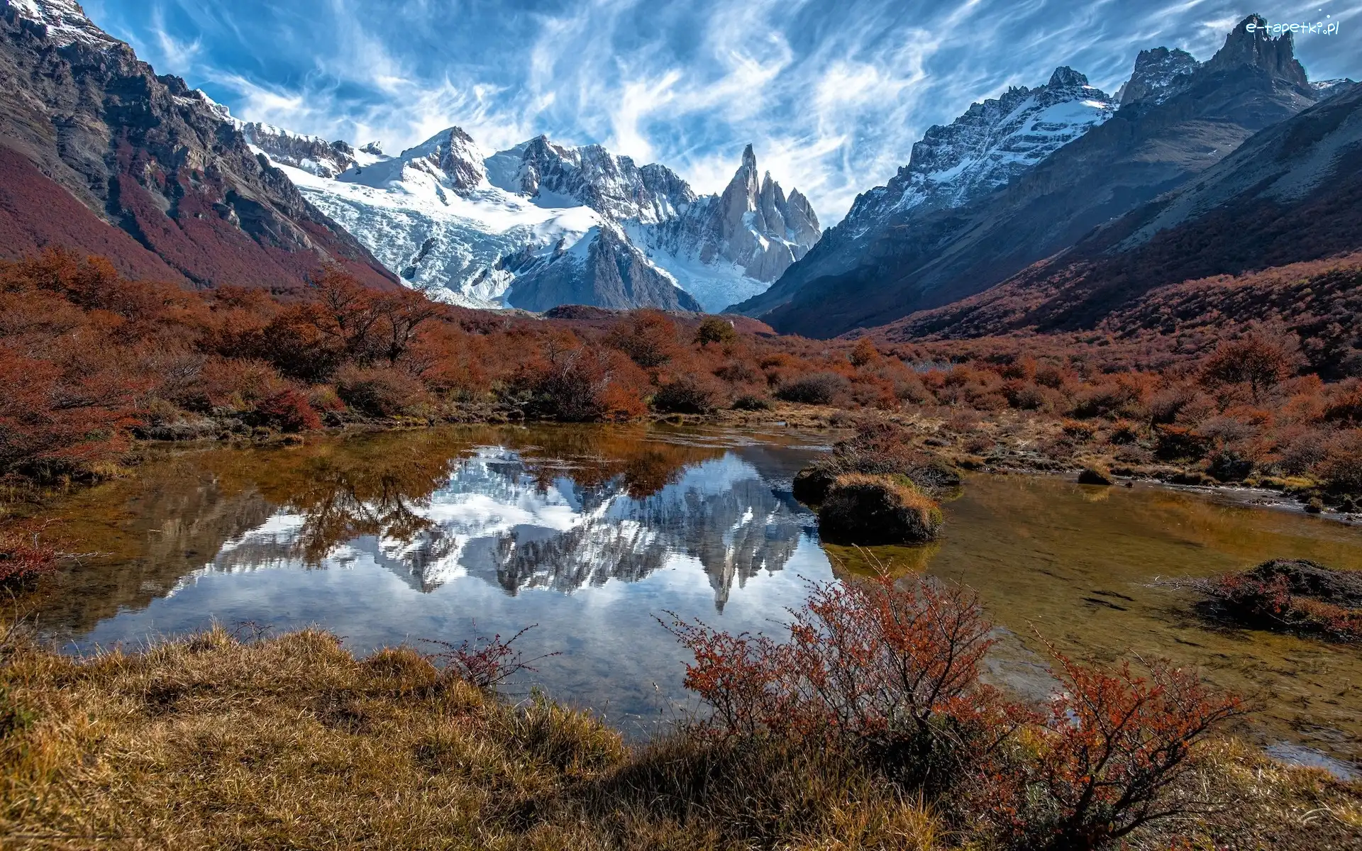 Jesień, Andy, Argentyna, Odbicie, Fitz Roy, Roślinność, Kałuża, Góry