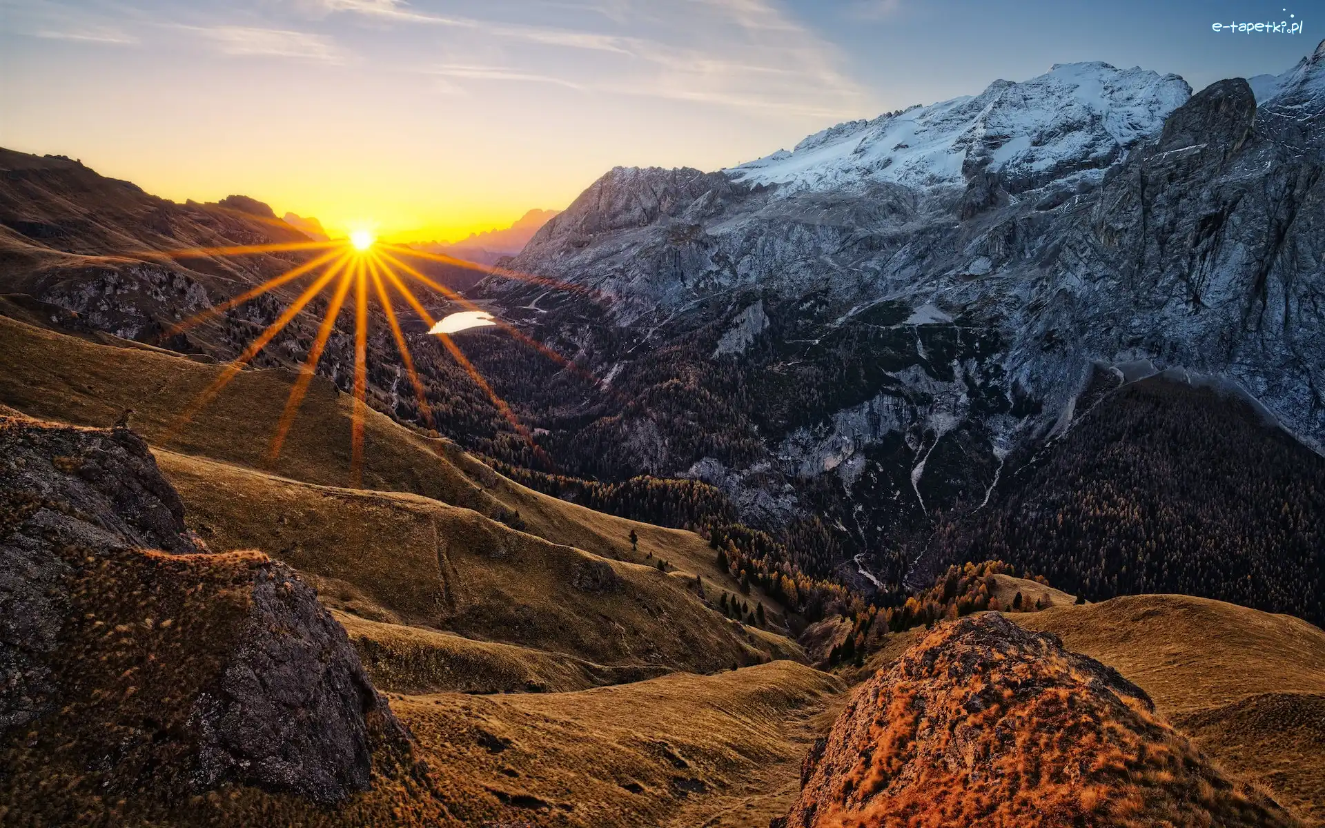 Promienie słońca, Dolomity, Marmolada, Jesień, Góry, Włochy