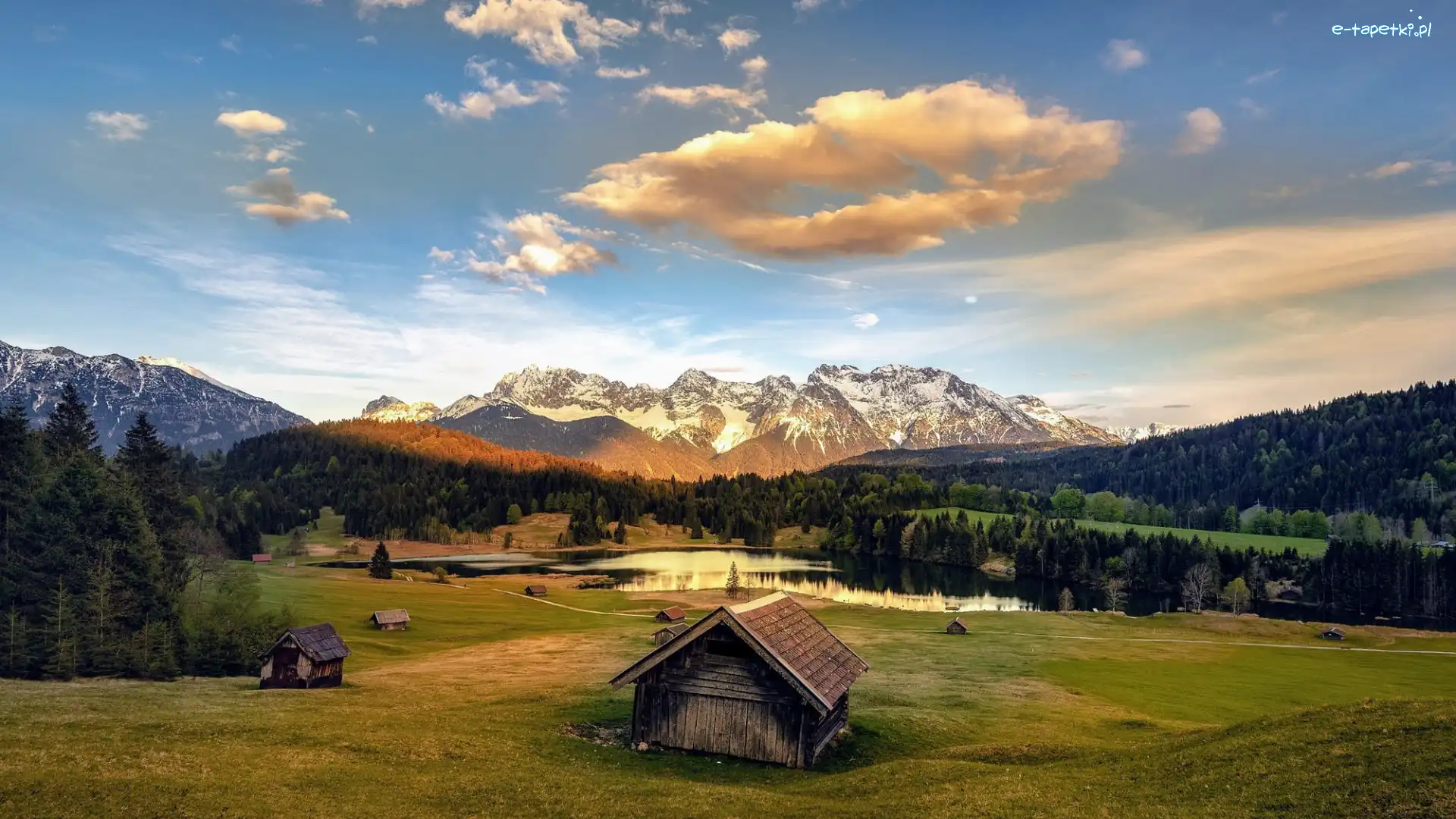 Szopy, Alpy, Niemcy, Bawaria, Domki, Jezioro Geroldsee, Obłoki, Góry Karawendel