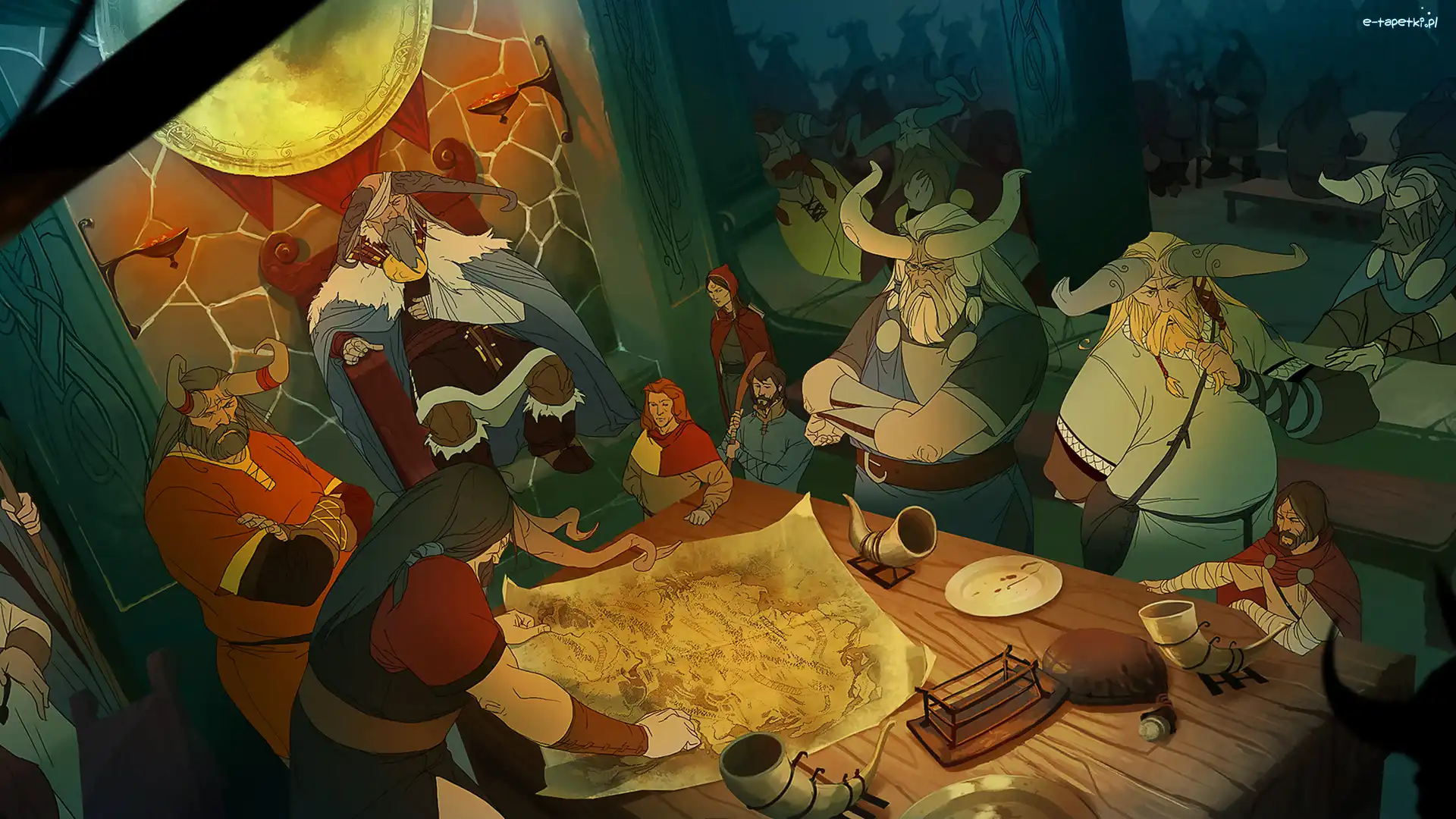 Mapa, Stół, Postacie, The Banner Saga 3, Gra, Komnata, Tron, Wikingowie, Rogi