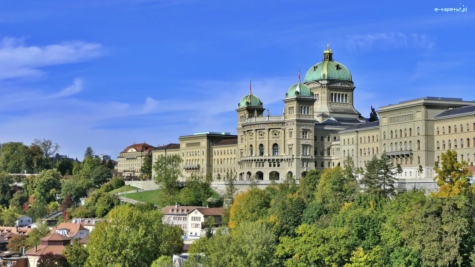 Niebo, Budynek, Parlament, Berno, Szwajcaria, Drzewa, Domy