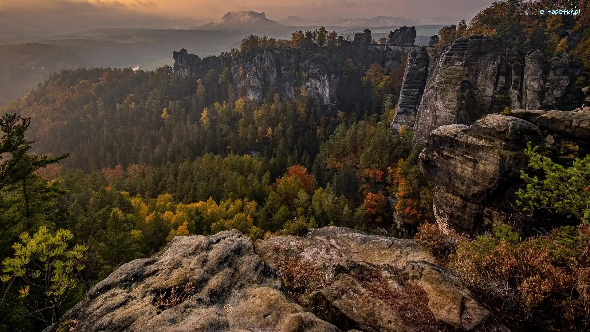 Niemcy, Skały, Bastei, Góry, Jesień, Park Narodowy Saskiej Szwajcarii, Drzewa