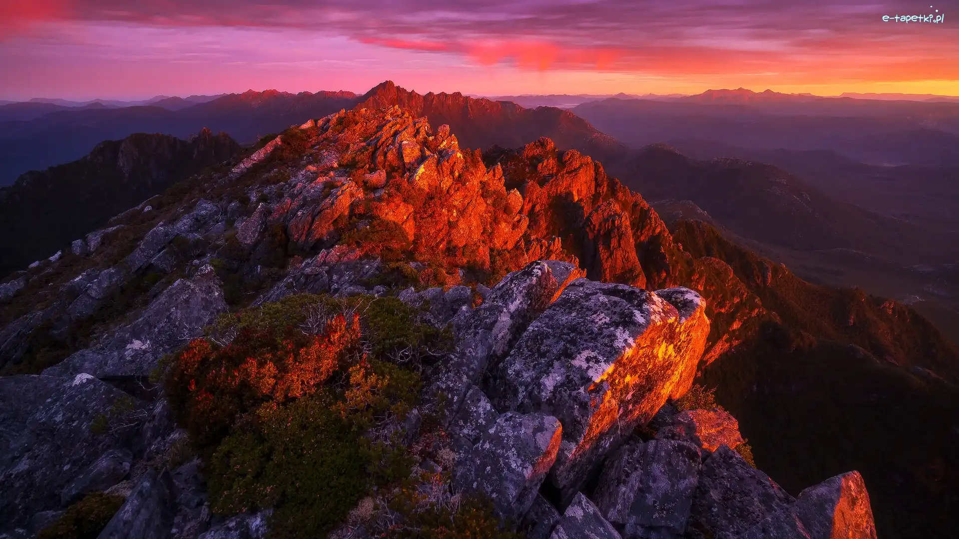Australia, Szczyty, Góry, Skały, Zachód słońca, Tasmania, Arthur Range