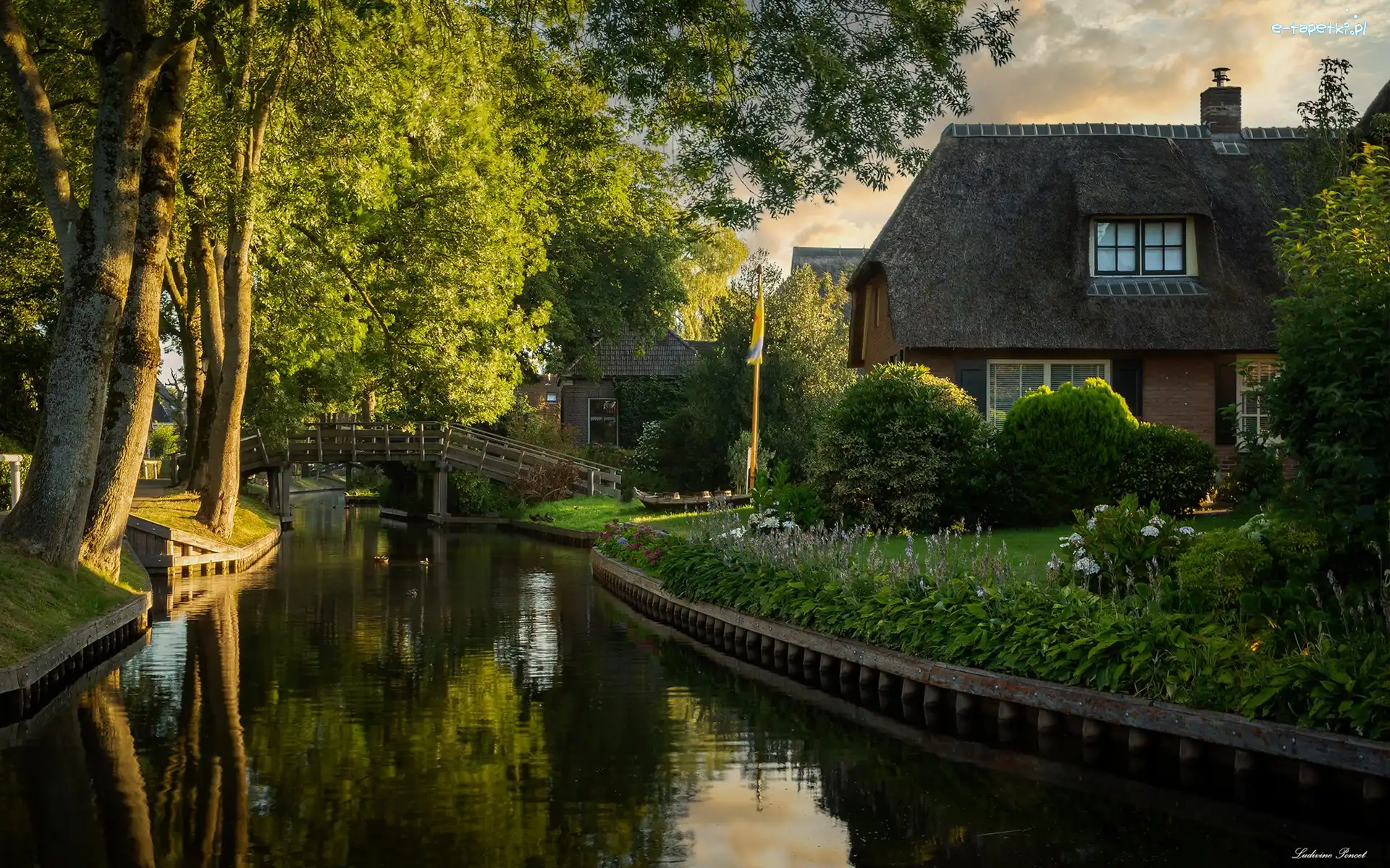 Holandia, Most, Drzewa, Dom, Rzeka, Prowincja Overijssel, Giethoorn