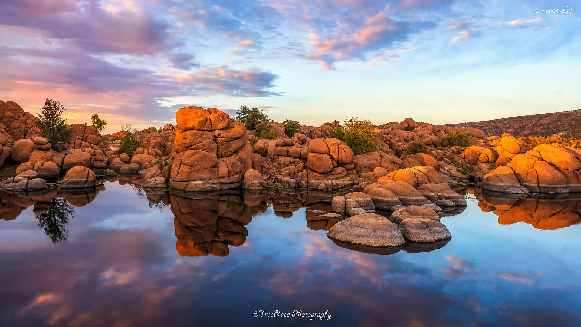 Stany Zjednoczone, Jezioro, Watson Lake, Drzewa, Skały, Arizona, Prescott
