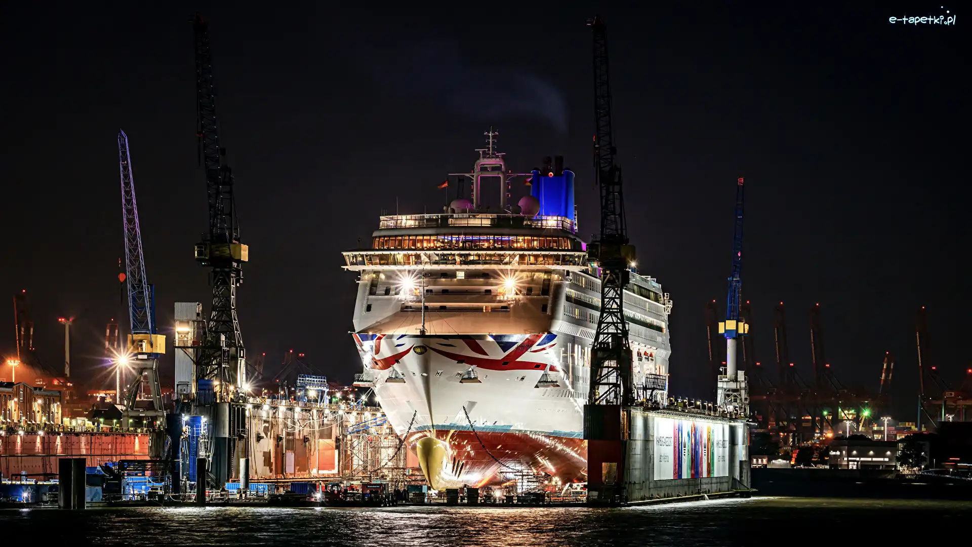 Światła, Port, Statek Aurora, Hamburg, Niemcy, Noc, Budynki