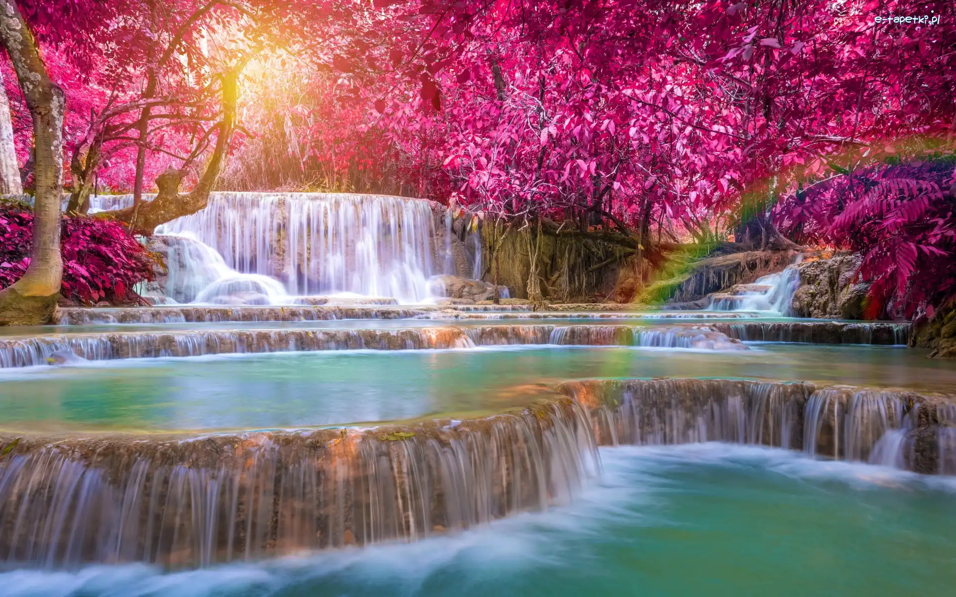 Kuang Si Falls, Prowincja Louangphrabang, Tęcza, Drzewa, Wodospad, Kaskady, Kolorowe, Laos