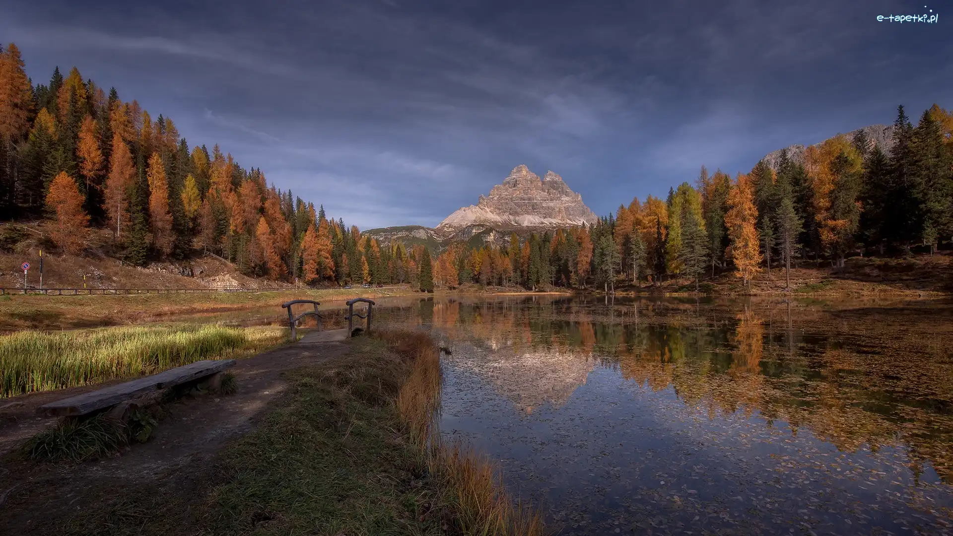 Jesień, Antorno Lake, Włochy, Mostek, Masyw Tre Cime di Lavaredo, Las, Drzewa, Jezioro, Góry Dolomity, Prowincja Belluno