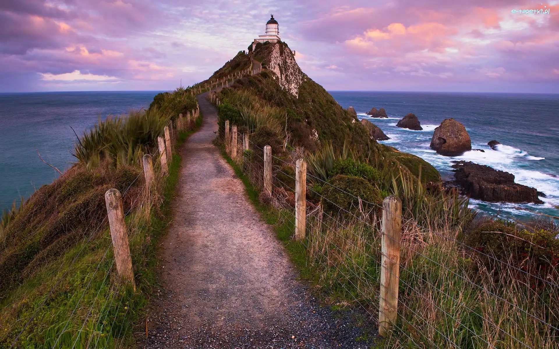 Nowa Zelandia, Latarnia morska, Nugget Point Lighthouse, Skały, Morze, Otago, Ścieżka