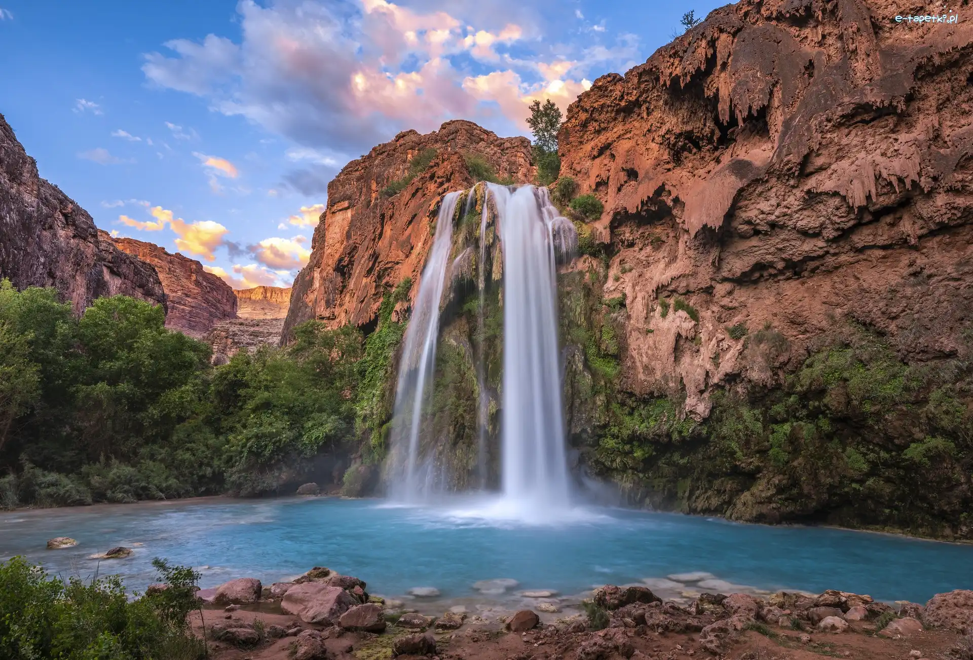 Arizona, Wodospad, Havasu Falls, Stany Zjednoczone, Skały, Góra