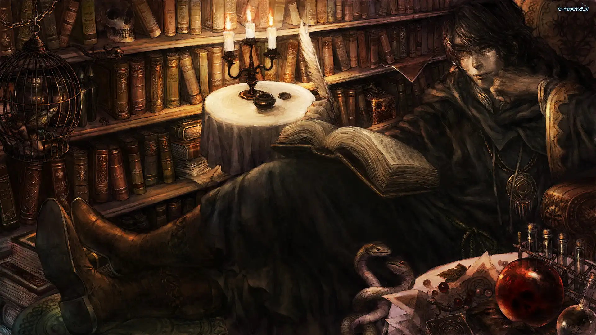 Stolik, Książki, Mężczyzna, Świece, Biblioteka, Grafika