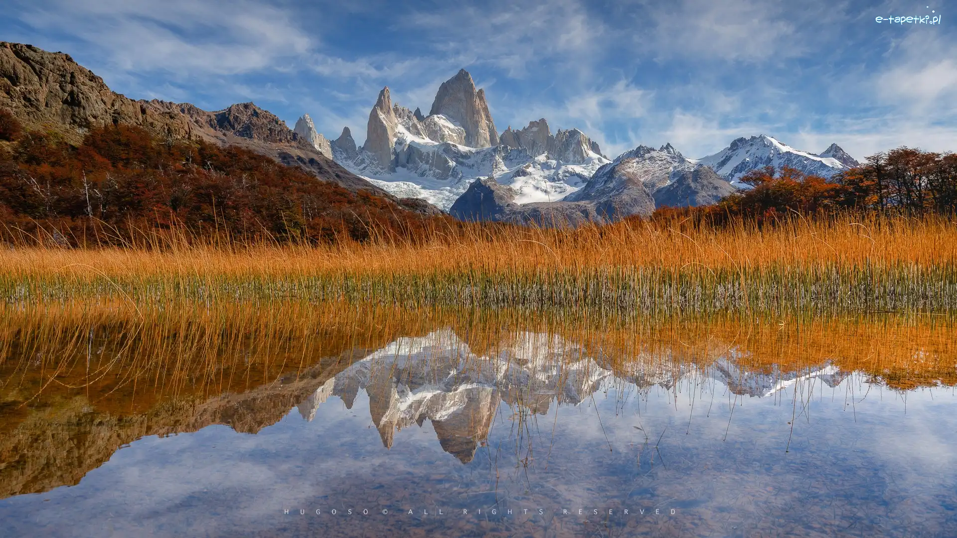 Jezioro, Fitz Roy, Park Narodowy Los Glaciares, Patagonia, Argentyna, Jesień, Szuwary, Góra, Drzewa