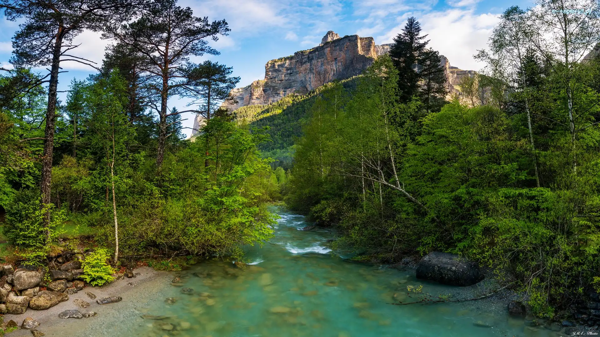 Skały, Park Narodowy Ordesa y Monte Perdido, Rzeka, Drzewa, Aragonia, Hiszpania