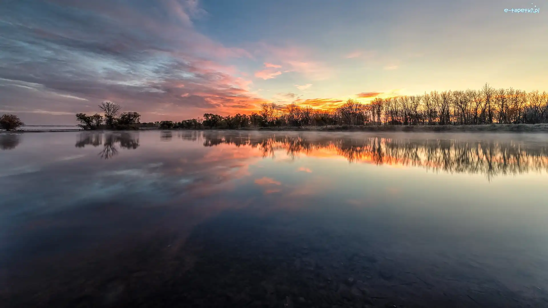 Chatfield State Park, Kolorado, Wschód słońca, Drzewa, Park stanowy, Jezioro, Chatfield Lake, Stany Zjednoczone