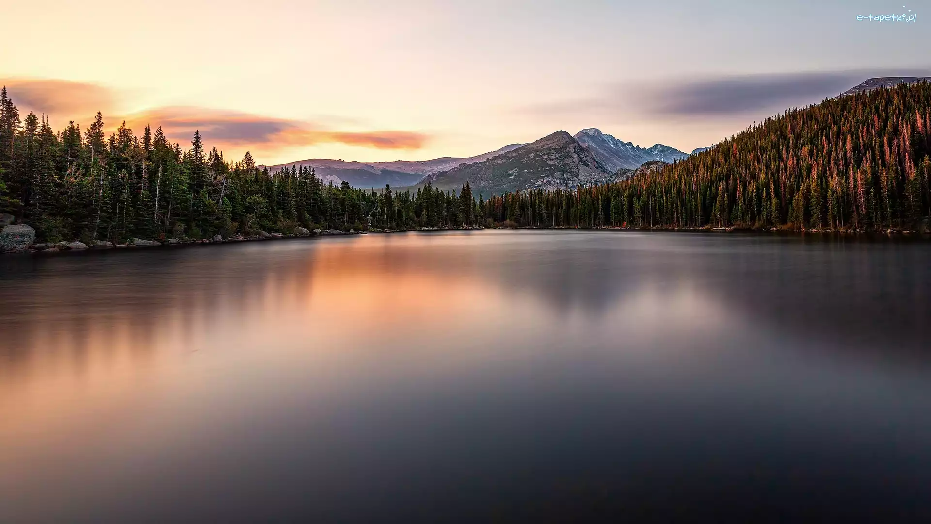 Stany Zjednoczone, Świerki, Jezioro Bear Lake, Drzewa, Góry, Stan Kolorado, Park Narodowy Gór Skalistych