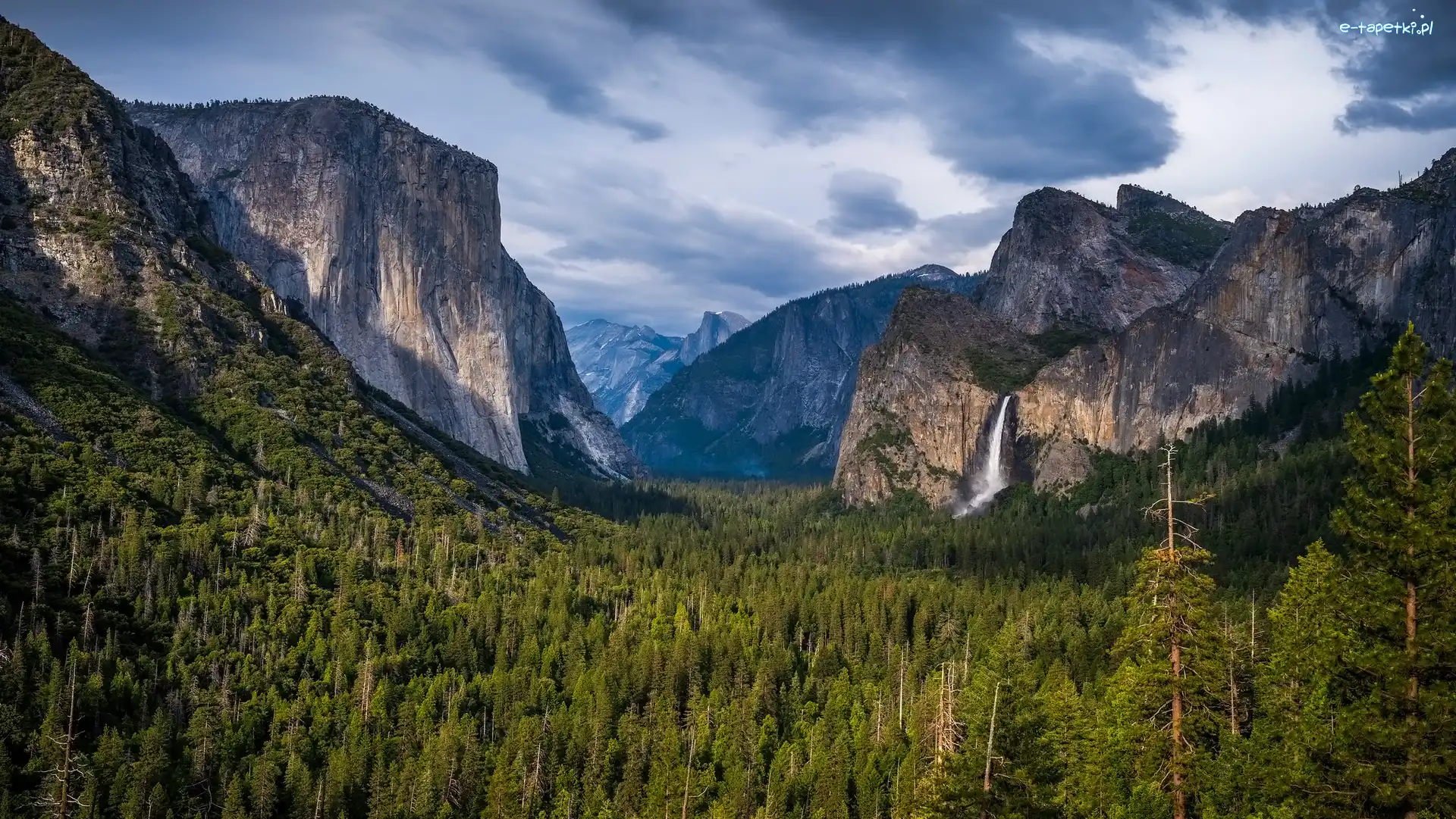 Bridalveil Fall, Drzewa, Stany Zjednoczone, Stan Kalifornia, Wodospad, Park Narodowy, Yosemite, Góry
