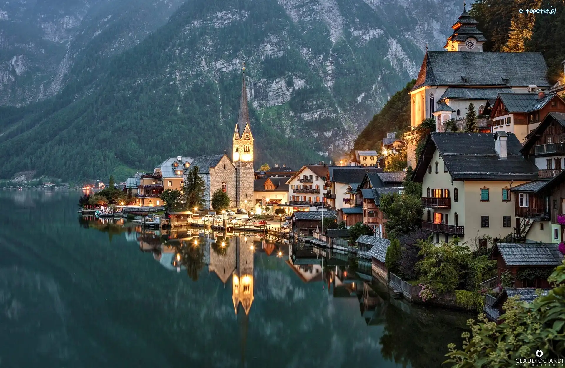 Austria, Góry, Alpy Salzburskie, Kościół, Domy, Hallstatt, Jezioro Hallstattersee