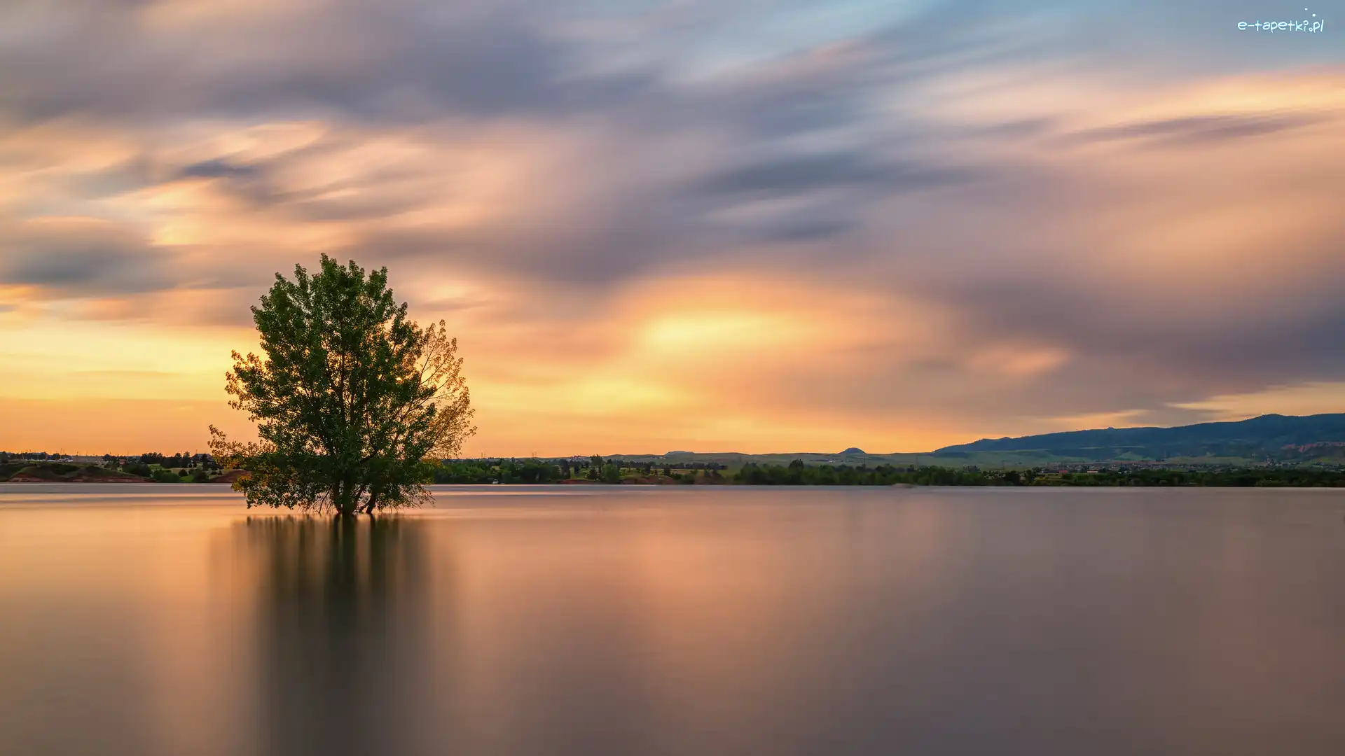 Lake Chatfield, Drzewa, Stany Zjednoczone, Kolorado, Jezioro, Niebo, Park stanowy Chatfield, Wschód słońca