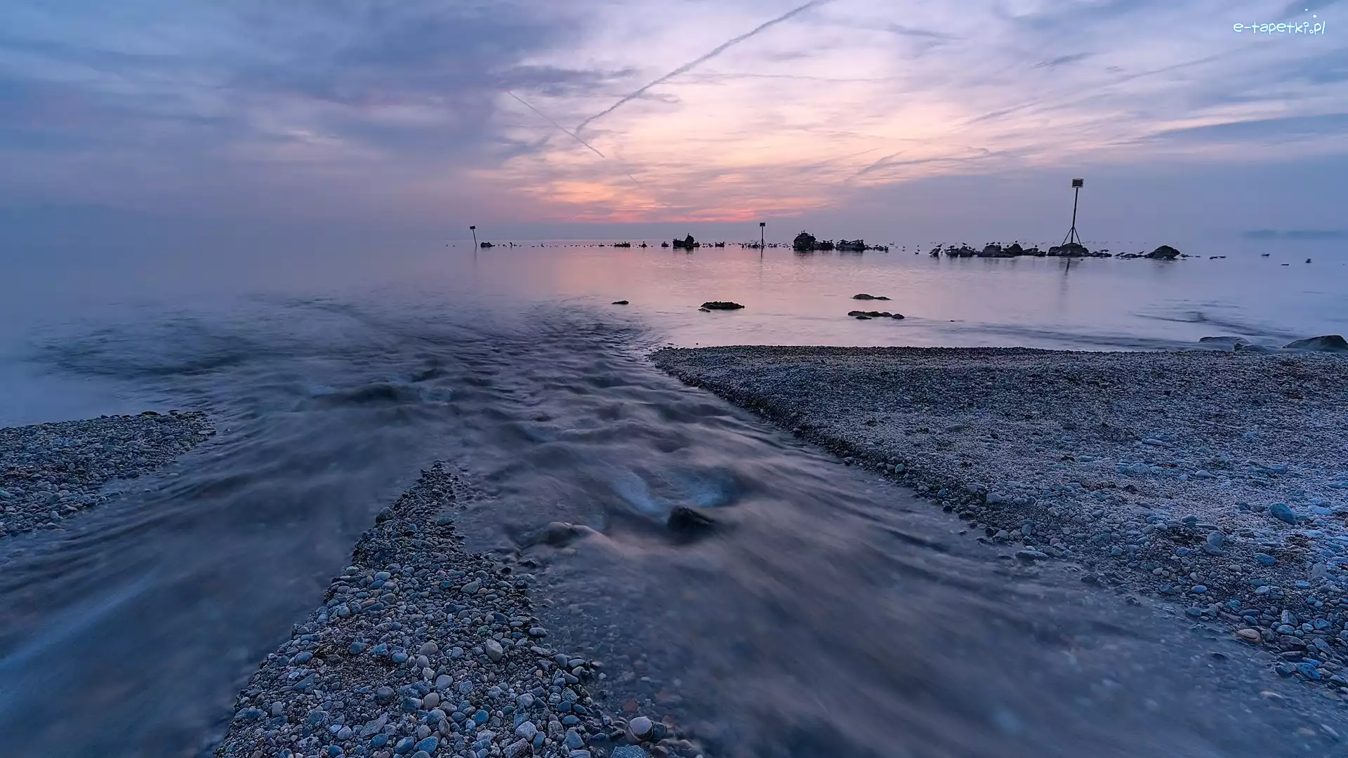 Morze, Plaża, Kamienie, Wschód słońca