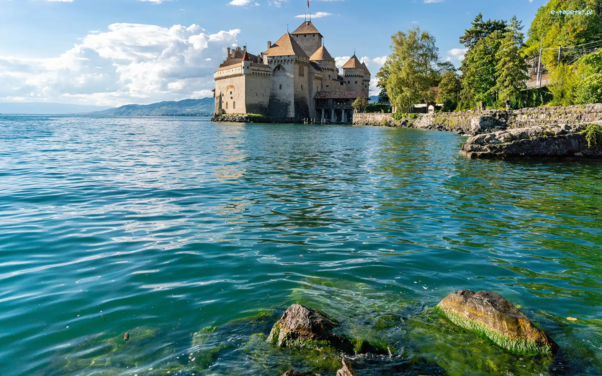 Drzewa, Jezioro Genewskie, Zamek Chillon, Kanton Vaud, Szwajcaria, Kamienie, Mur