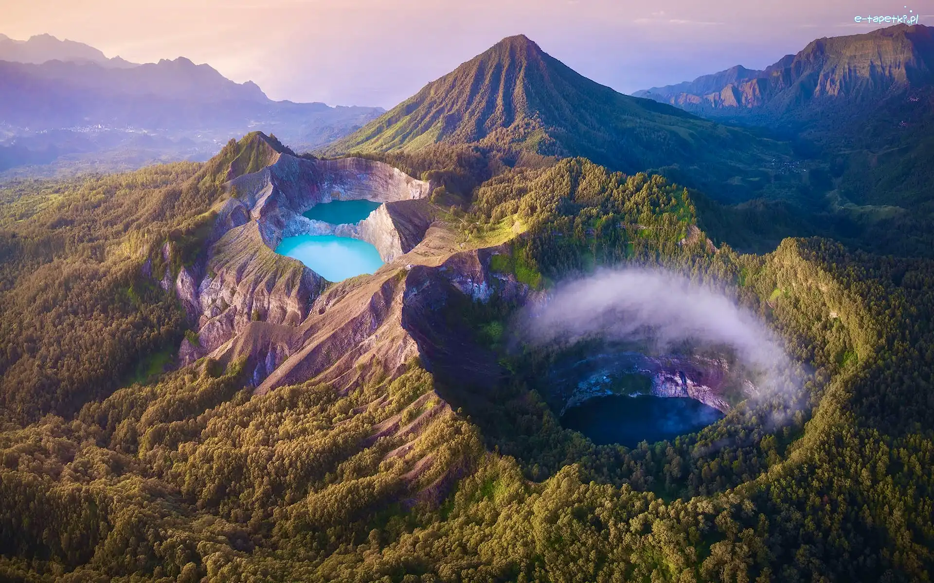 Jeziora, Kelimutu, Flores Island, Wyspa, Indonezja, Góry, Mgła, Wulkan, Krater