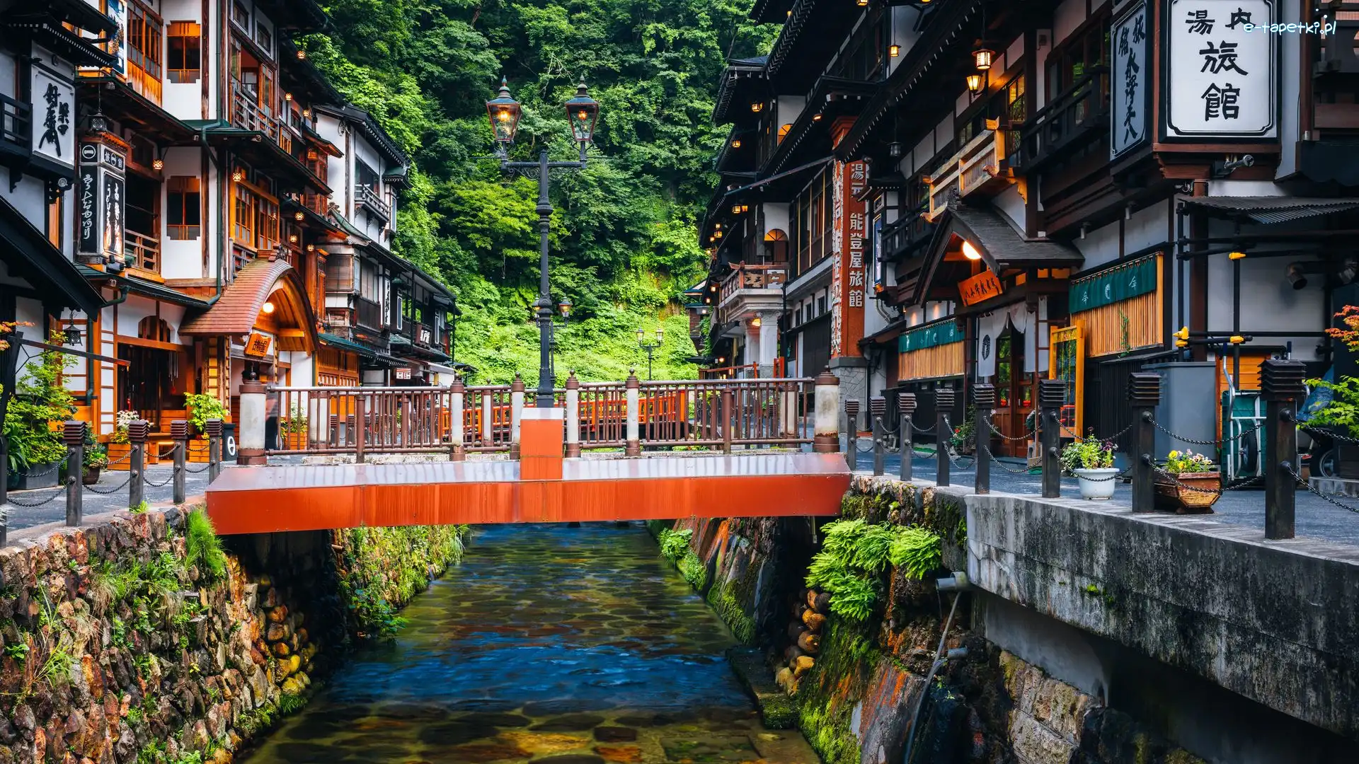 Japonia, Domy, Ulica, Rzeka, Most, Obanazawa, Latarnie