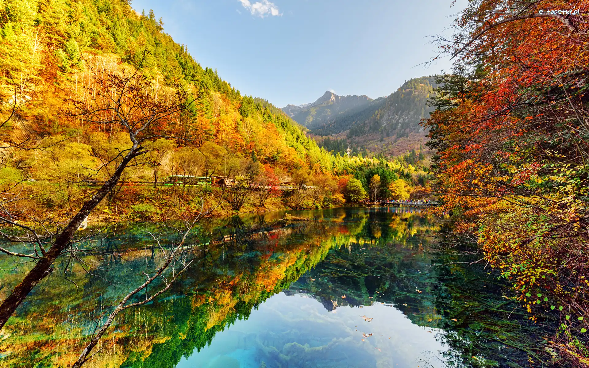 Jesień, Jezioro, Góry, Drzewa, Park Narodowy Jiuzhaigou, Chiny