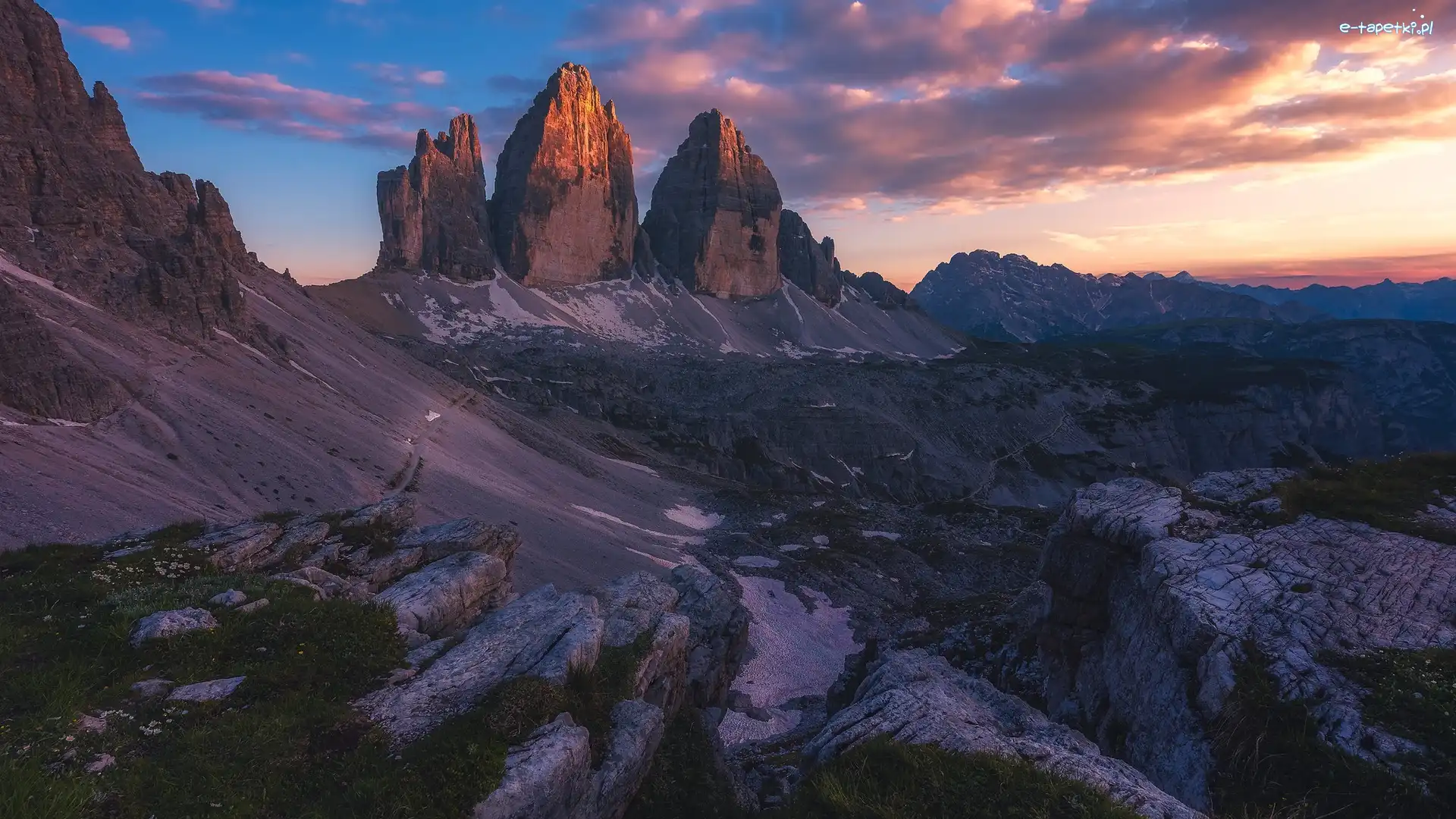 Włochy, Dolomity, Pasmo górskie, Góry, Zachód słońca, Skały, Tre Cime di Lavaredo
