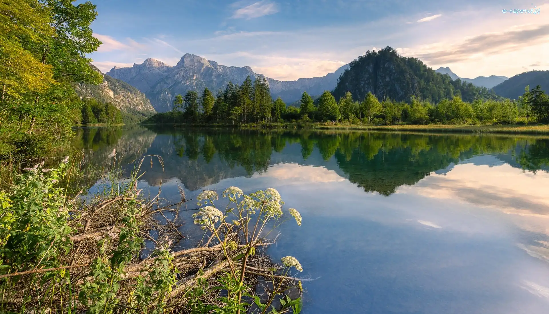 Chmury, Odbicie, Drzewa, Austria, Jezioro Almsee, Góry